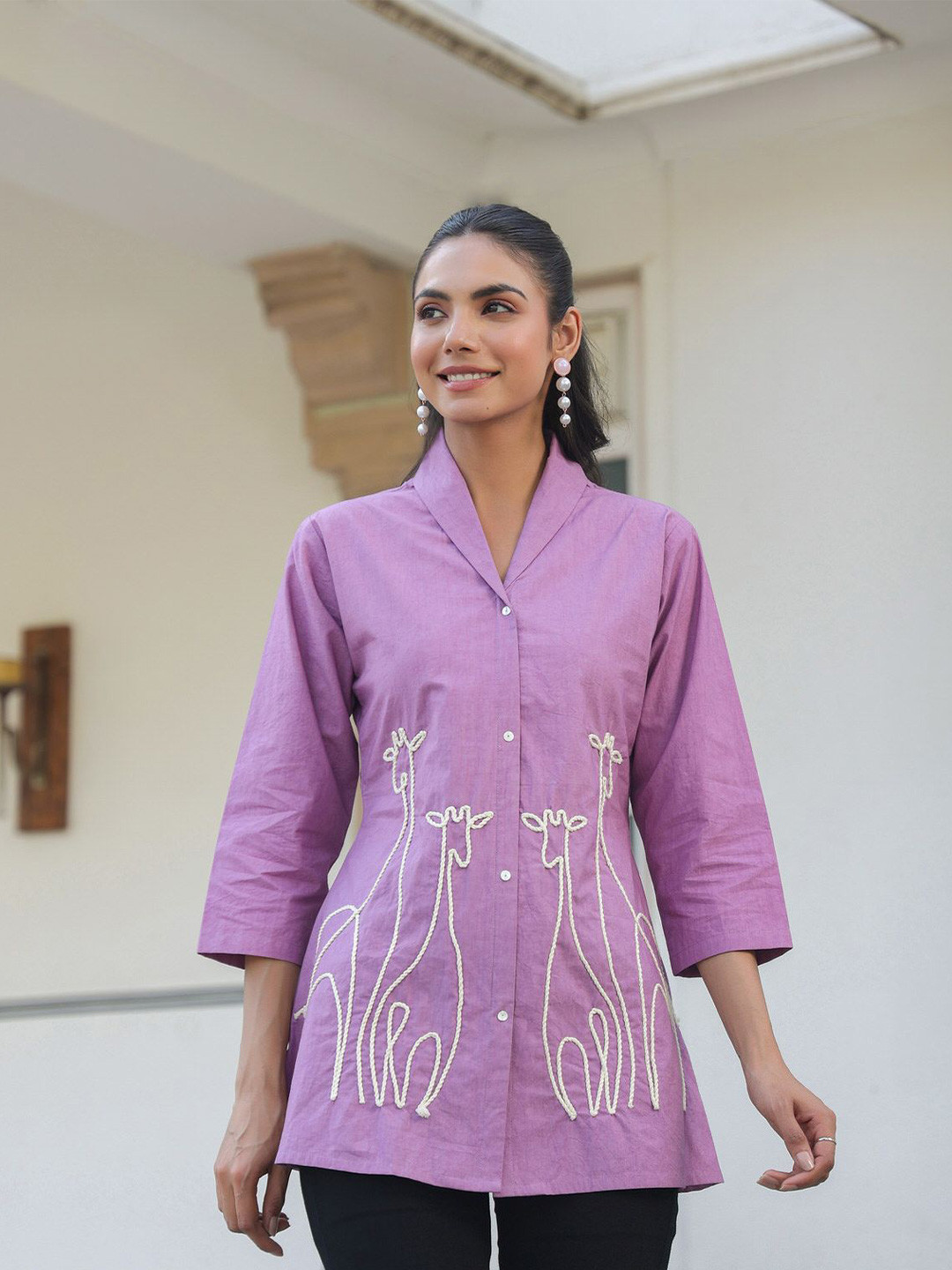 

JISORA Embroidered Cotton Top, Purple