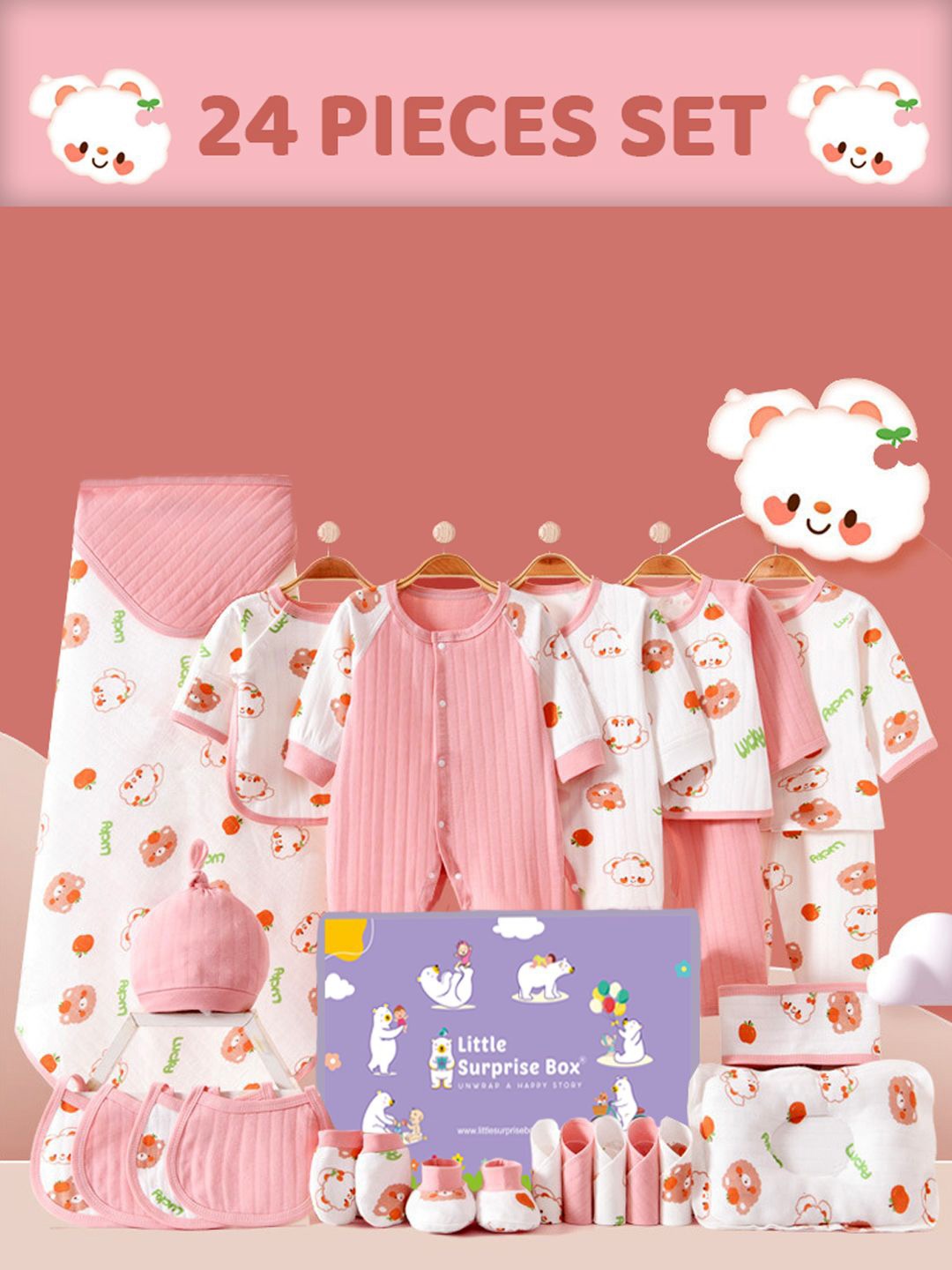 

Little Surprise Box LLP Infants 24 Pcs Newborn Baby Girl Baby Boy Gift Hamper Set, Pink