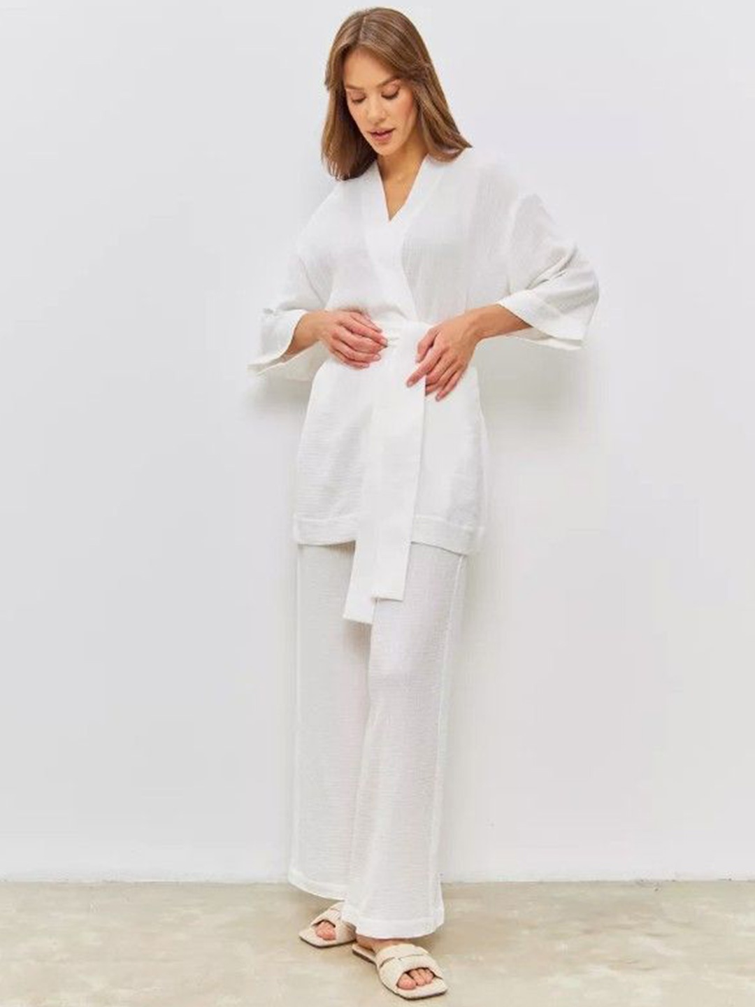

Bella Babe by SK Pure Cotton Wrap Top With Trousers Co-Ords, White
