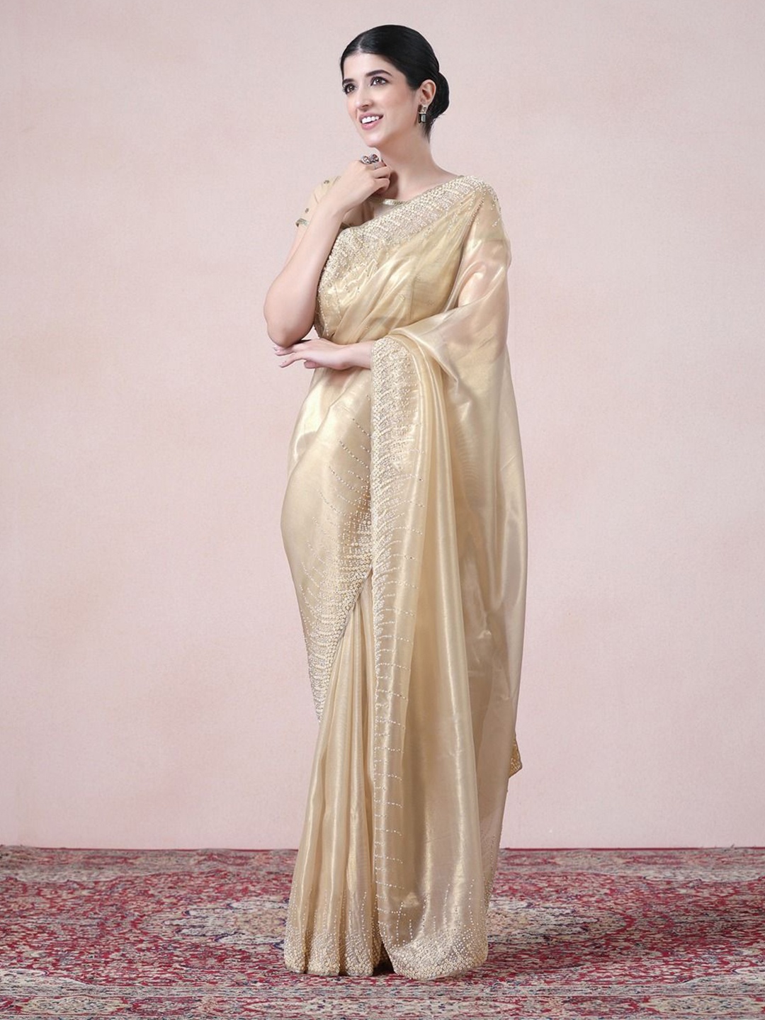 

Twamev Embellished Beads and Stones Organza Designer Saree, Beige