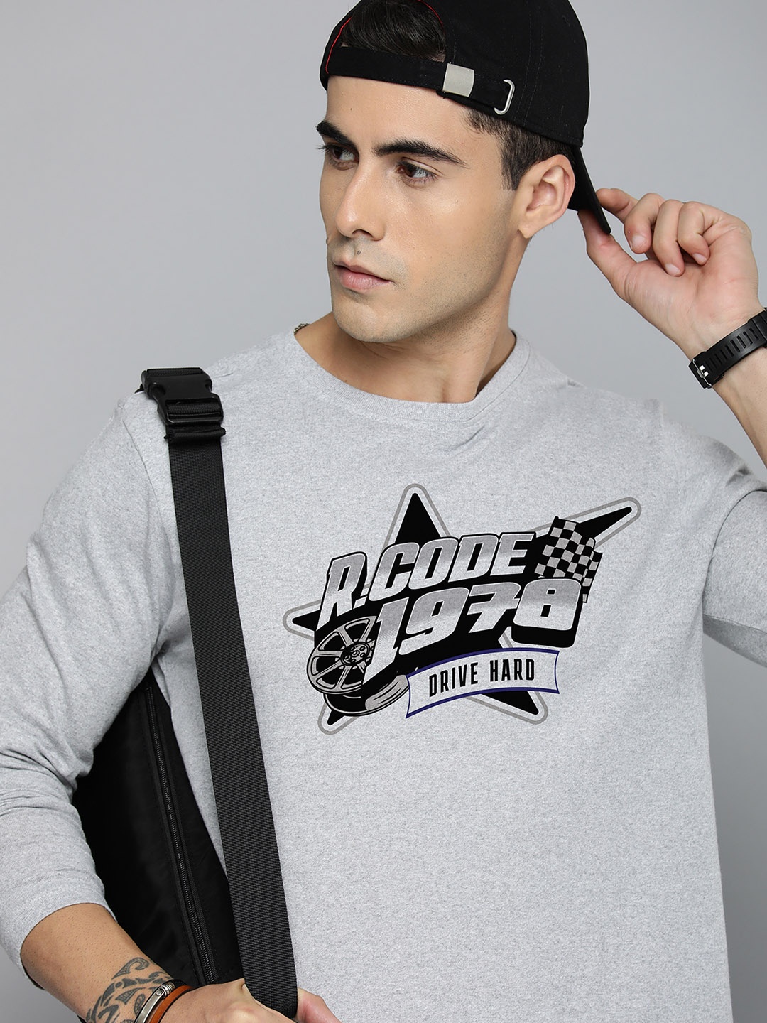 

R.Code by The Roadster Life Co. Men Printed T-shirt, Grey melange