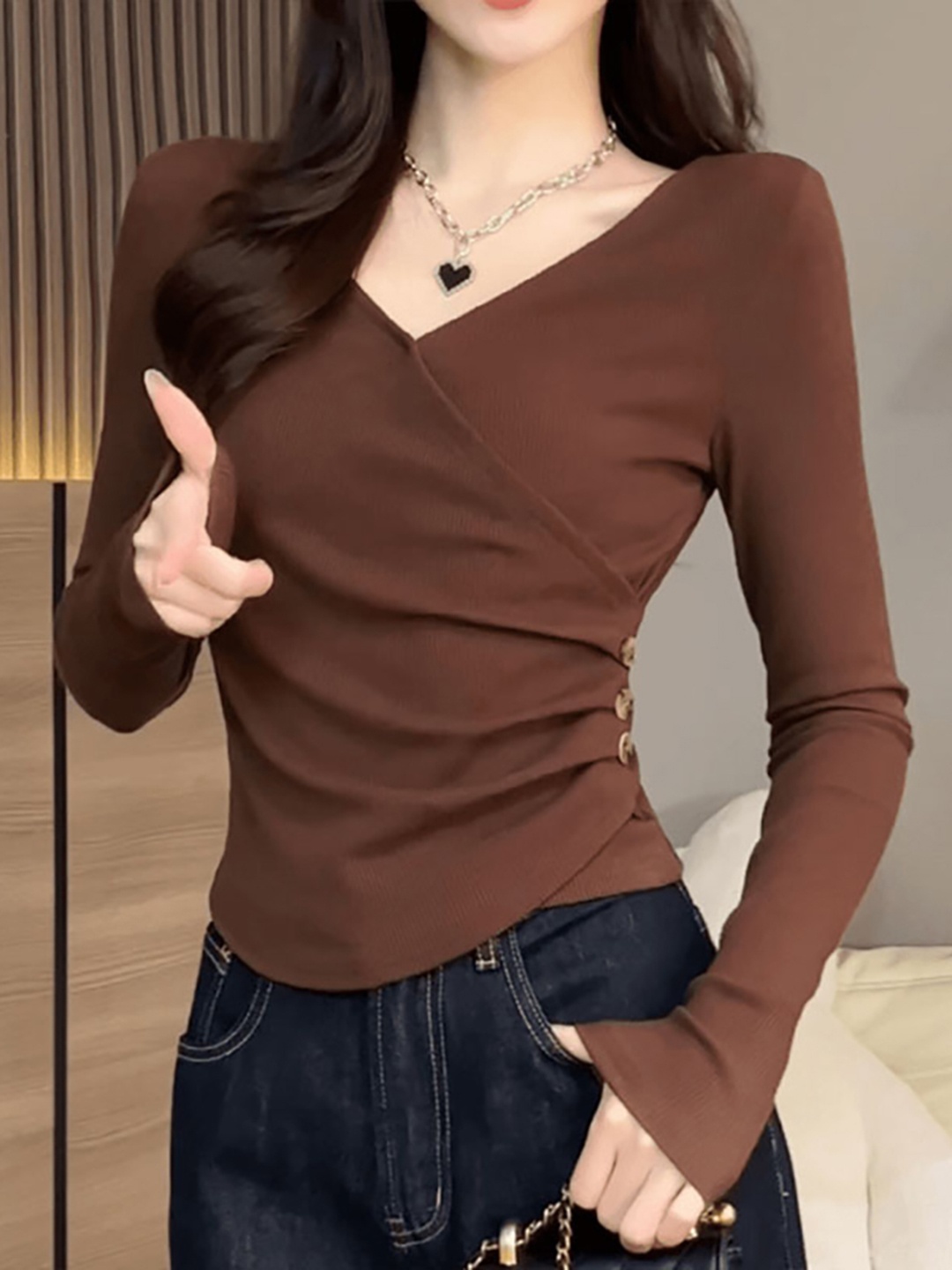 

StyleCast x Revolte Women V-Neck Crop Top, Coffee brown