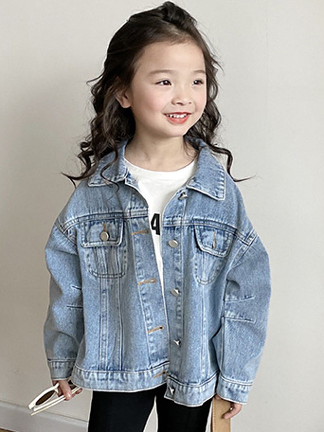 

LULU & SKY Girls Washed Colourblocked Cotton Crop Denim Jacket with Patchwork, Blue