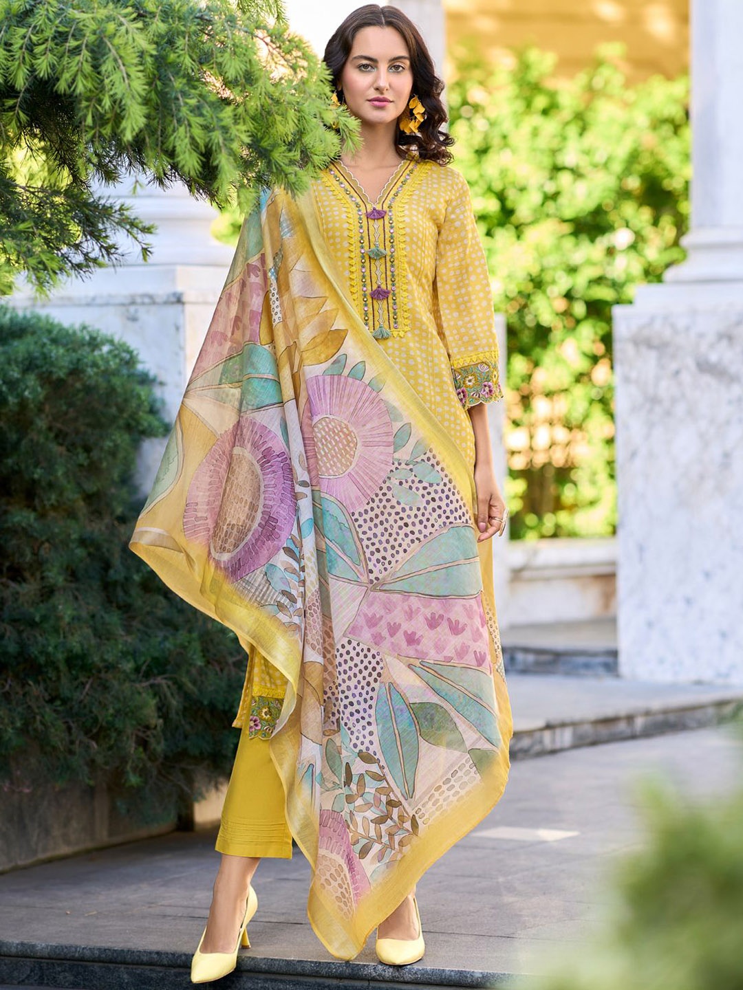 

Indo Era Women Floral Embroidered Thread Work Linen Kurta with Trousers & With Dupatta, Yellow