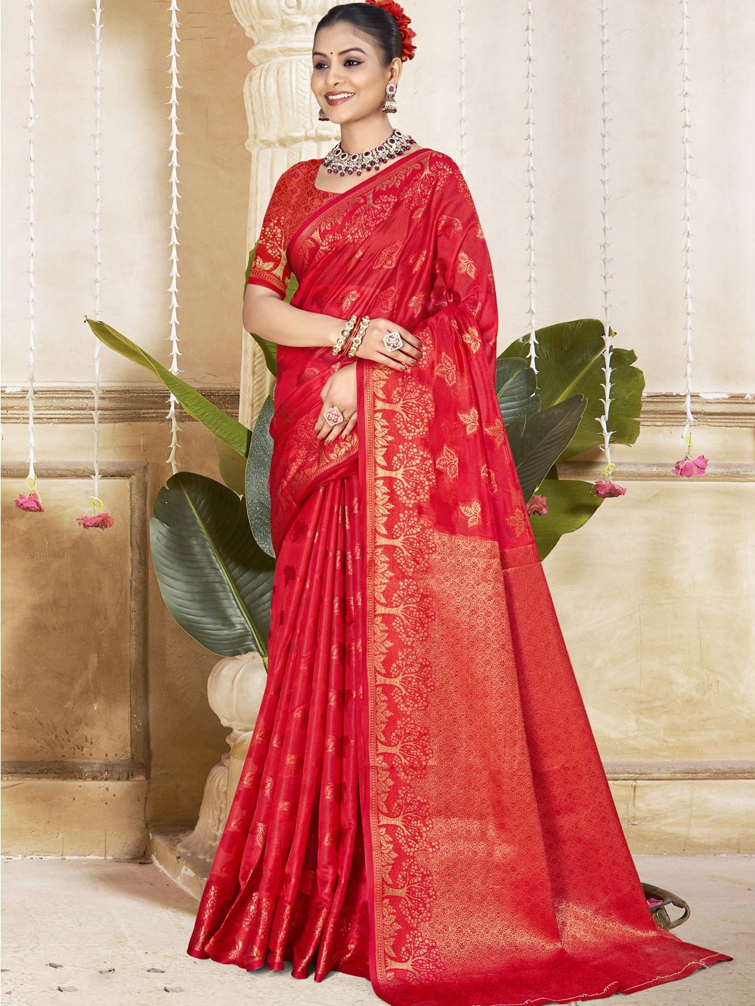 

SANGAM PRINTS Woven Design Zari Silk Blend Designer Tussar Saree, Red