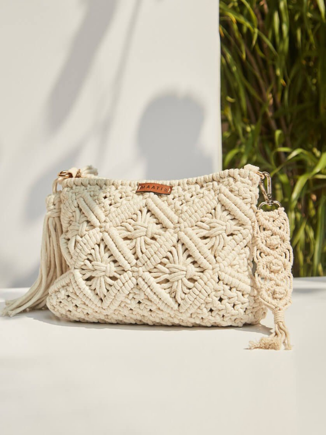 

MAATIR DESIGNS Structured Shoulder Bag with Tasselled, Cream