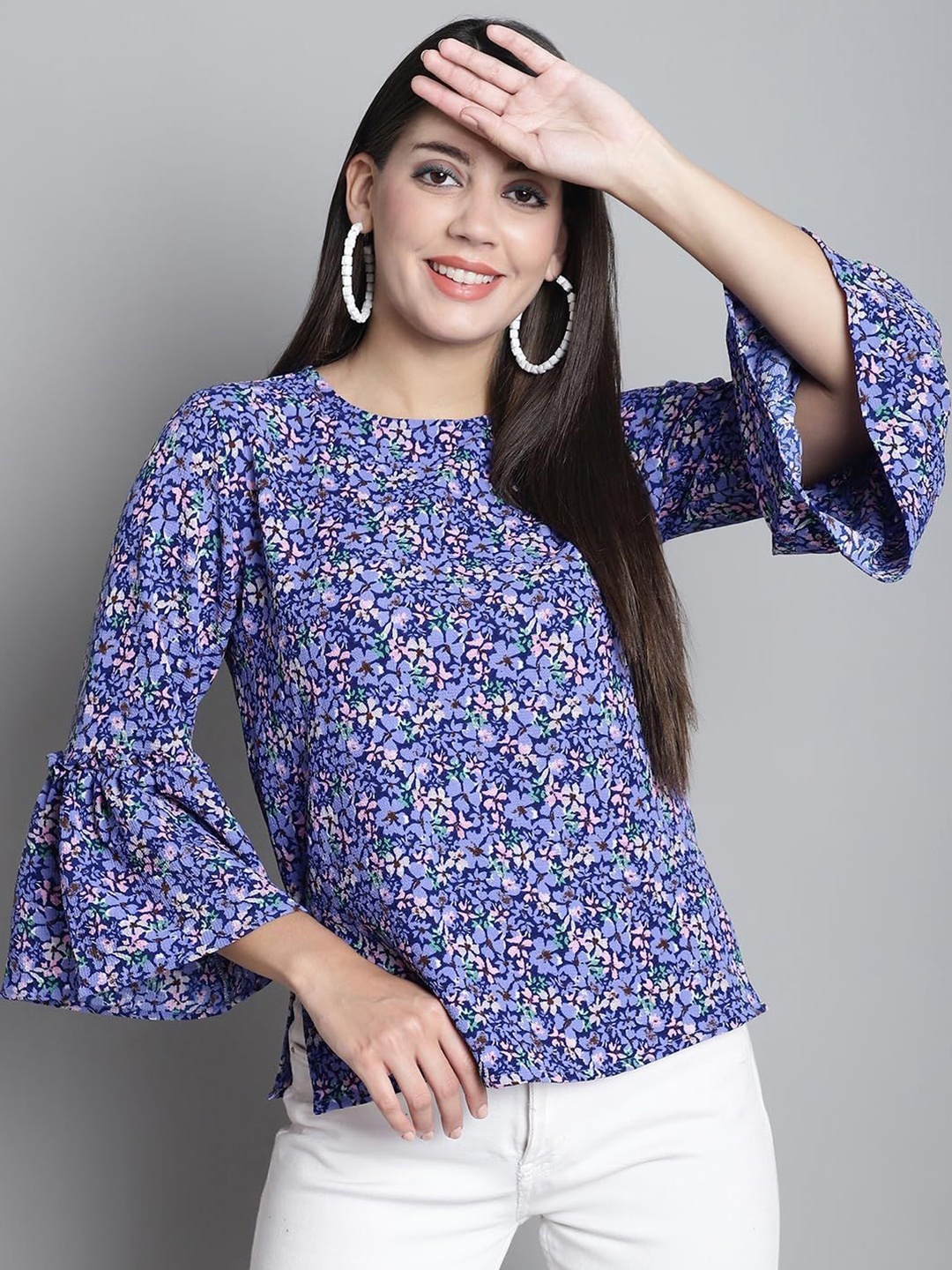 

SZN Floral Print Bell Sleeve Top, Purple