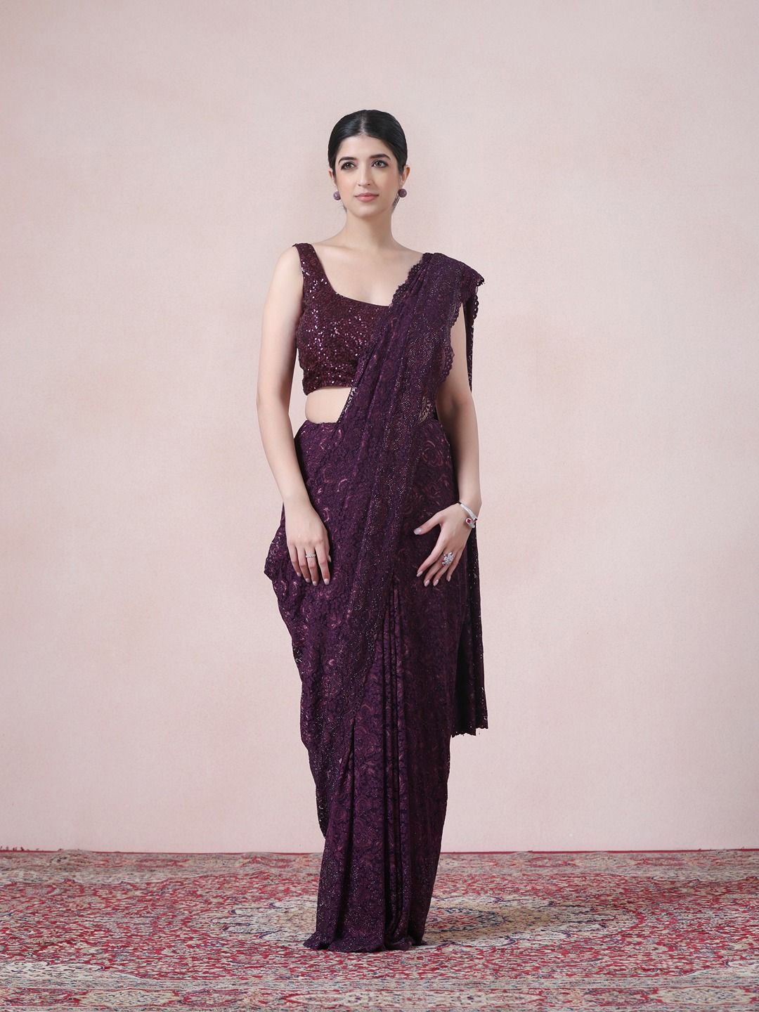

Twamev Embellished Beads and Stones Net Saree, Purple