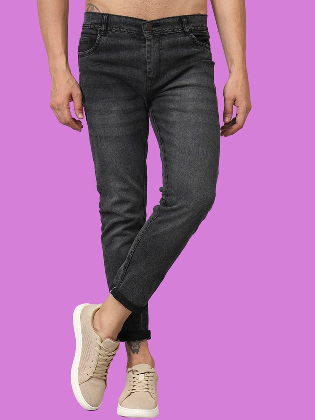 

COMFITS Men Classic Low Distress Light Fade Stretchable Jeans, Grey