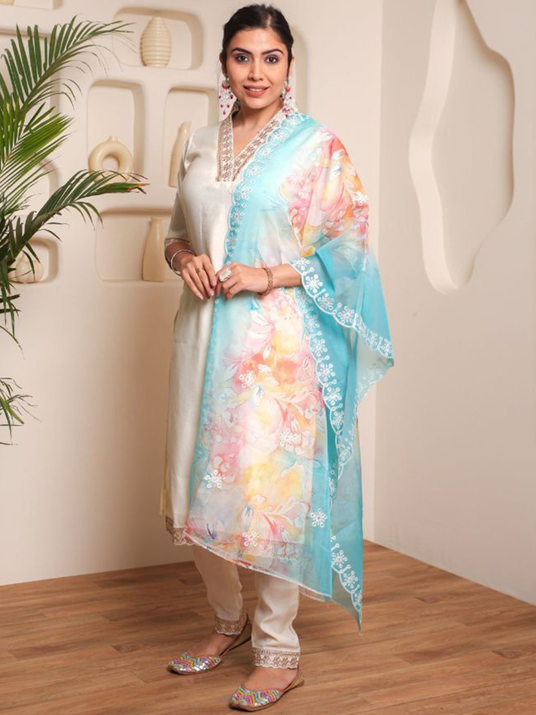 

Anara Women Regular Chanderi Cotton Kurta with Pyjamas & With Dupatta, White