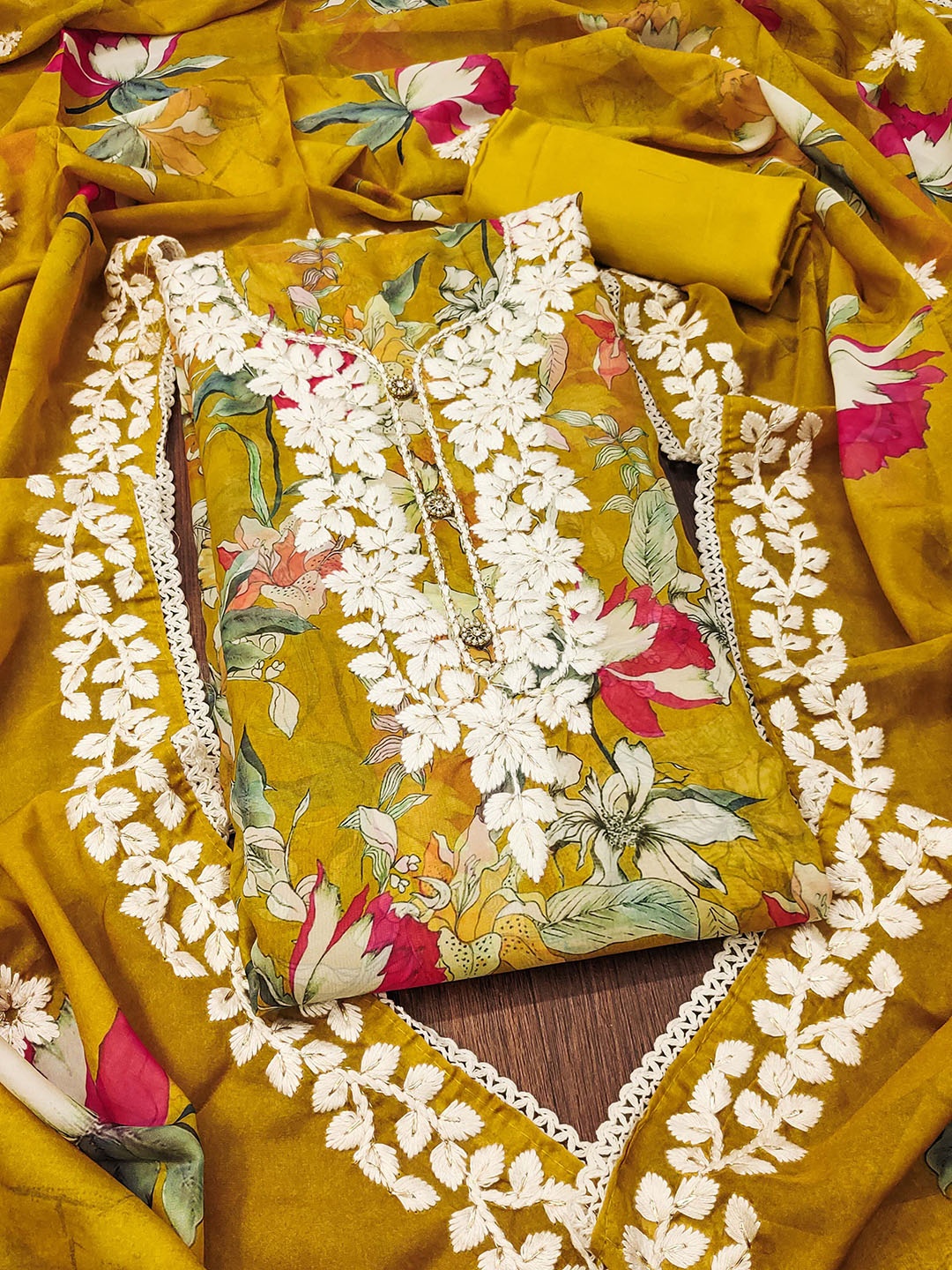

SHADOW & SAINING Embroidered Organza Semi-Stitched Dress Material, Mustard