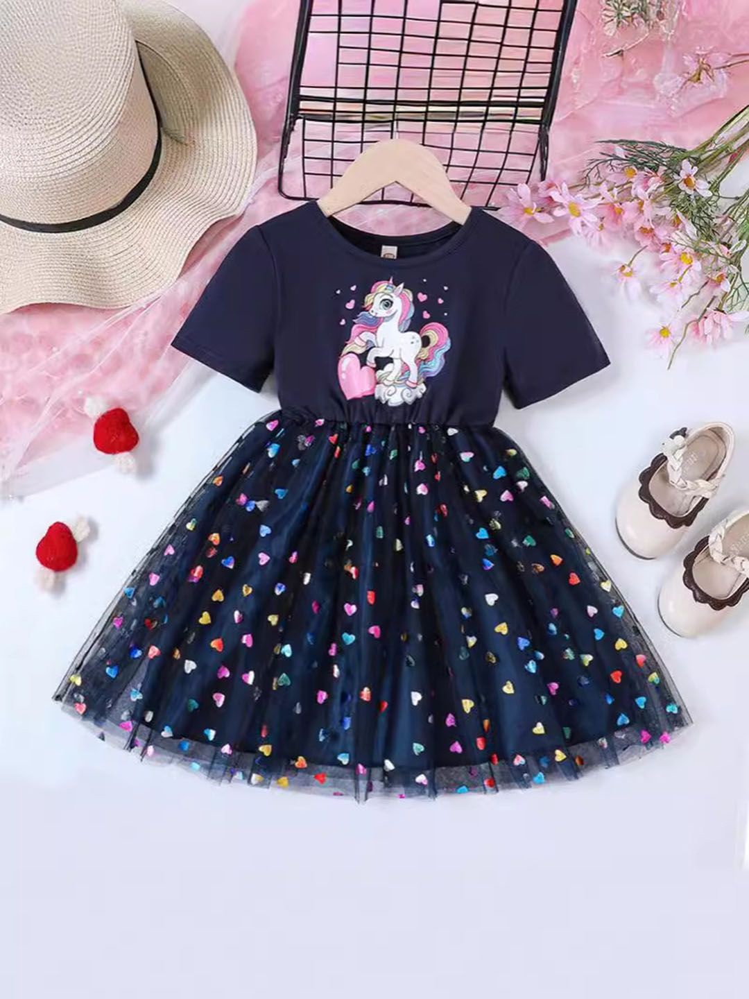

YK Print Fit & Flare Dress, Navy blue
