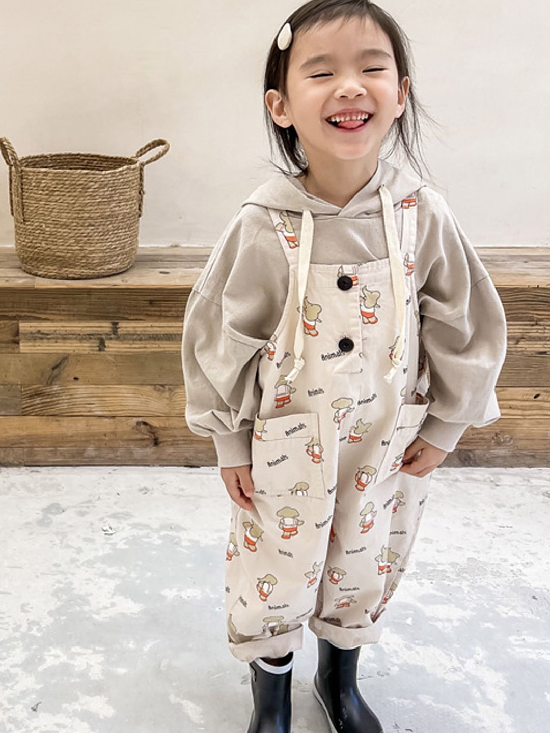 

LULU & SKY Girls Motif Printed Ankle Length Dungaree, Beige