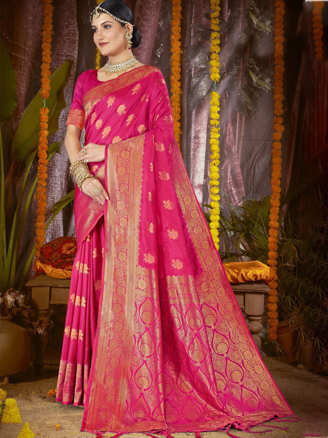 

SANGAM PRINTS Woven Design Zari Silk Blend Tussar Saree, Rose