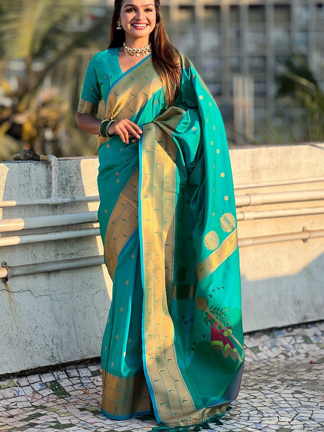 

MySilkLove Woven Design Zari Silk Blend Paithani Saree, Blue