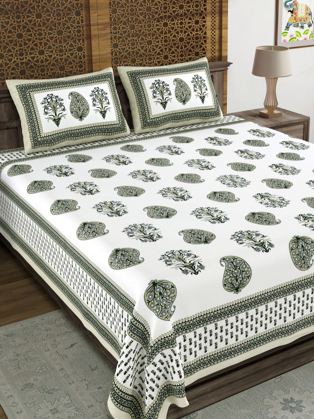 

BLOCKS OF INDIA Green & White Ethnic Motifs 210 TC King Bedsheet with 2 Pillow Covers