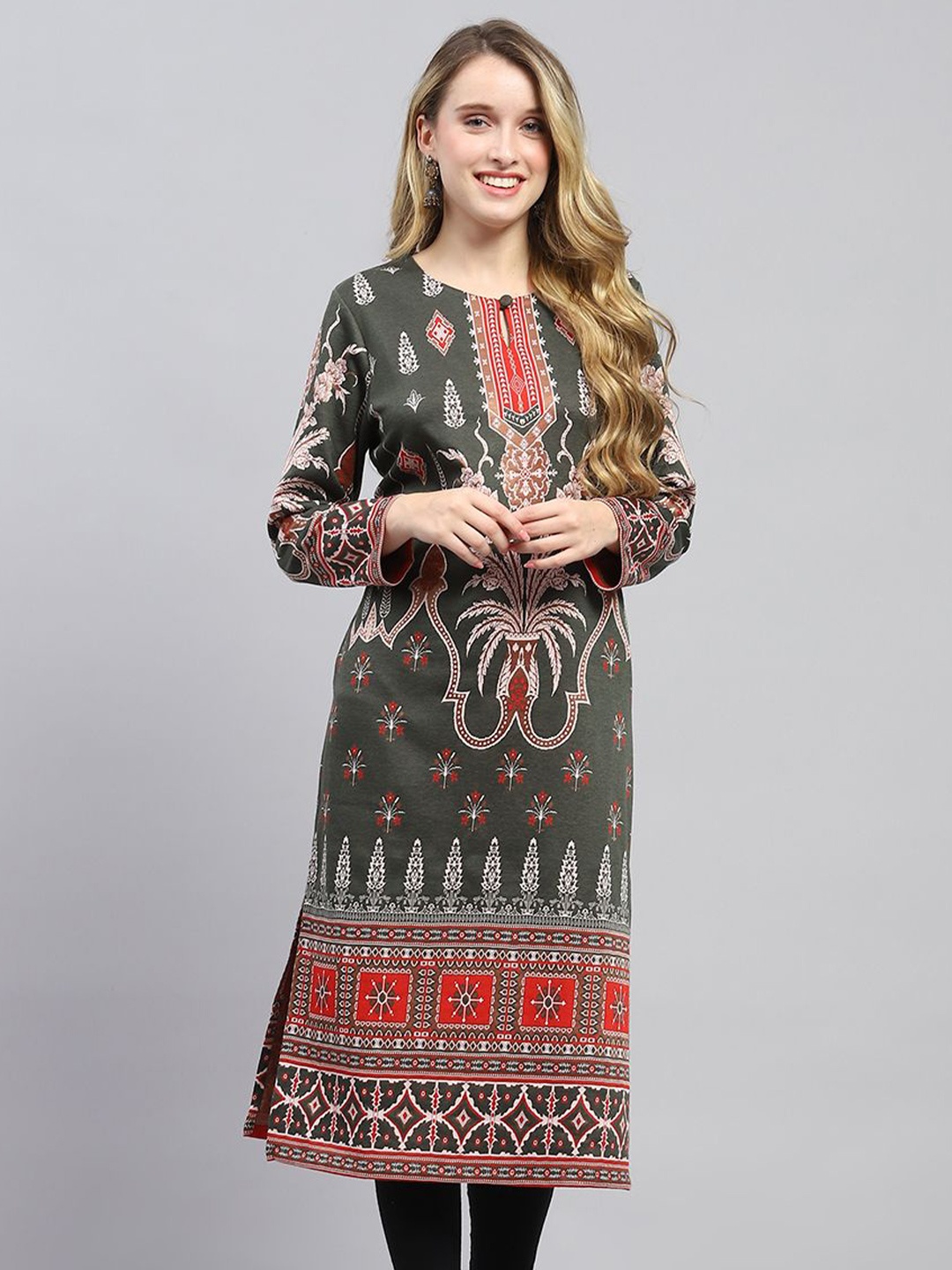 

Monte Carlo Printed Woollen Straight Kurta, Olive