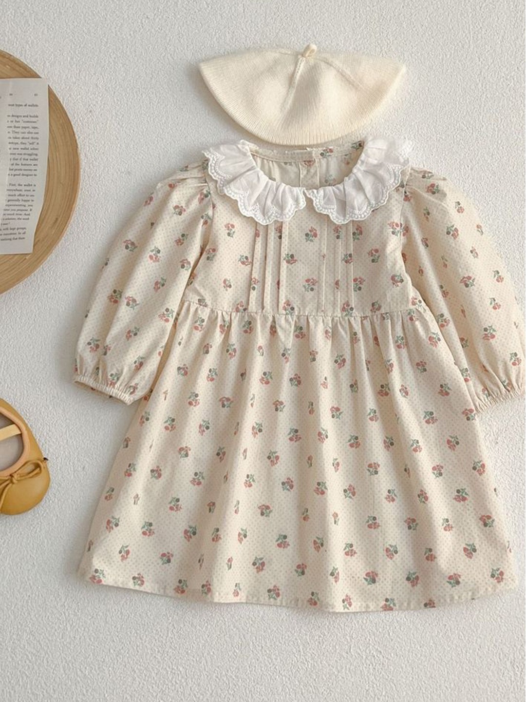 

LULU & SKY Floral Print Puff Sleeve A-Line Dress, Beige