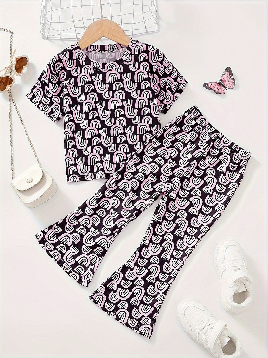 

YK Girls Printed Top with Trousers, Black