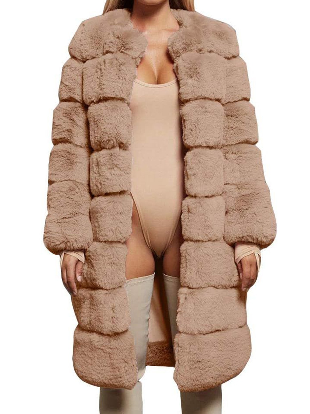 

PANKH Woollen Stand Collar Neck Front Open Fur Overcoat, Beige