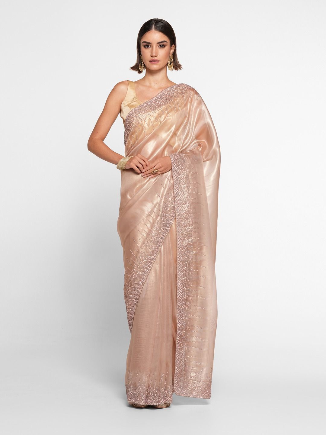 

Twamev Embellished Beads and Stones Organza Designer Saree, Beige
