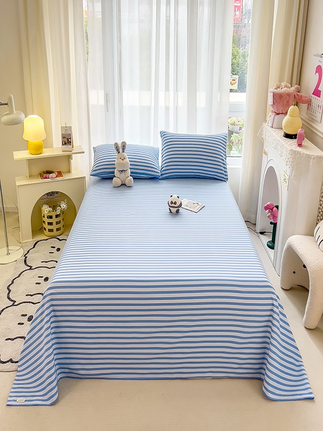

JC HOME Blue & White Striped 140 TC Queen Bedsheet with 2 Pillow Covers