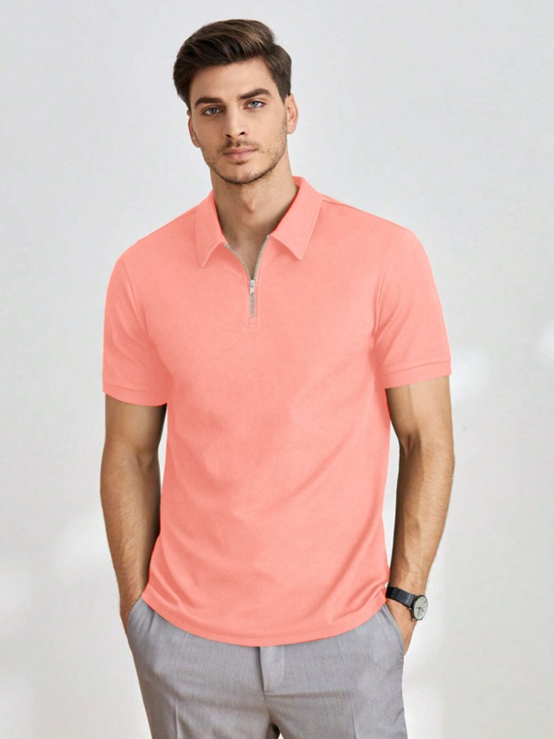 

madfrog Men Polo Collar Raw Edge T-shirt, Peach