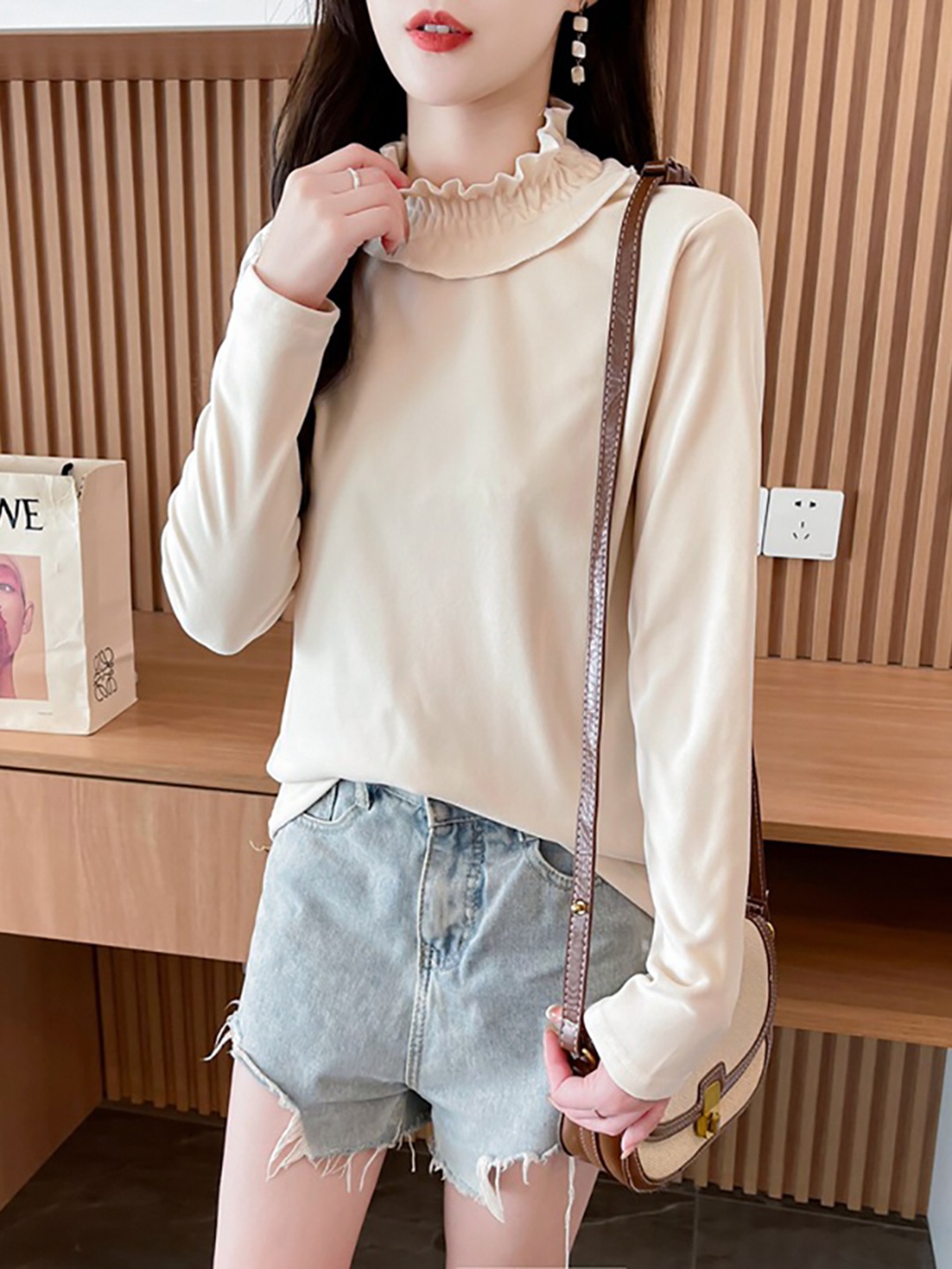 

StyleCast x Revolte Solid High Neck Longline Top, Beige