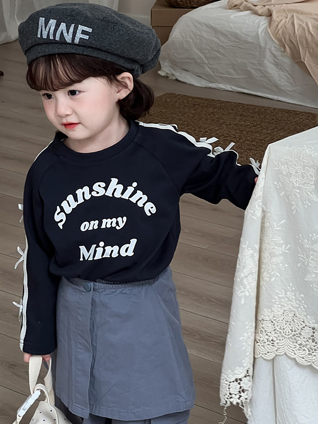 

LULU & SKY Girls Typography Printed Organic Cotton Pockets T-shirt, Navy blue