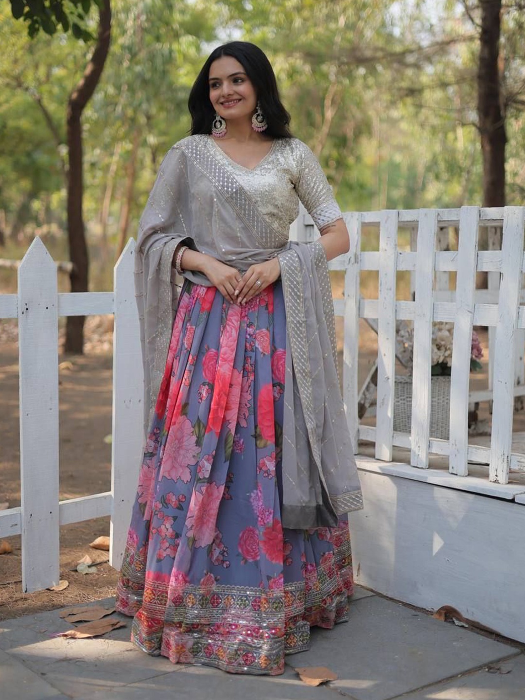 

ZIBLON Ready to Wear Lehenga & Unstitched Blouse With Dupatta, Grey