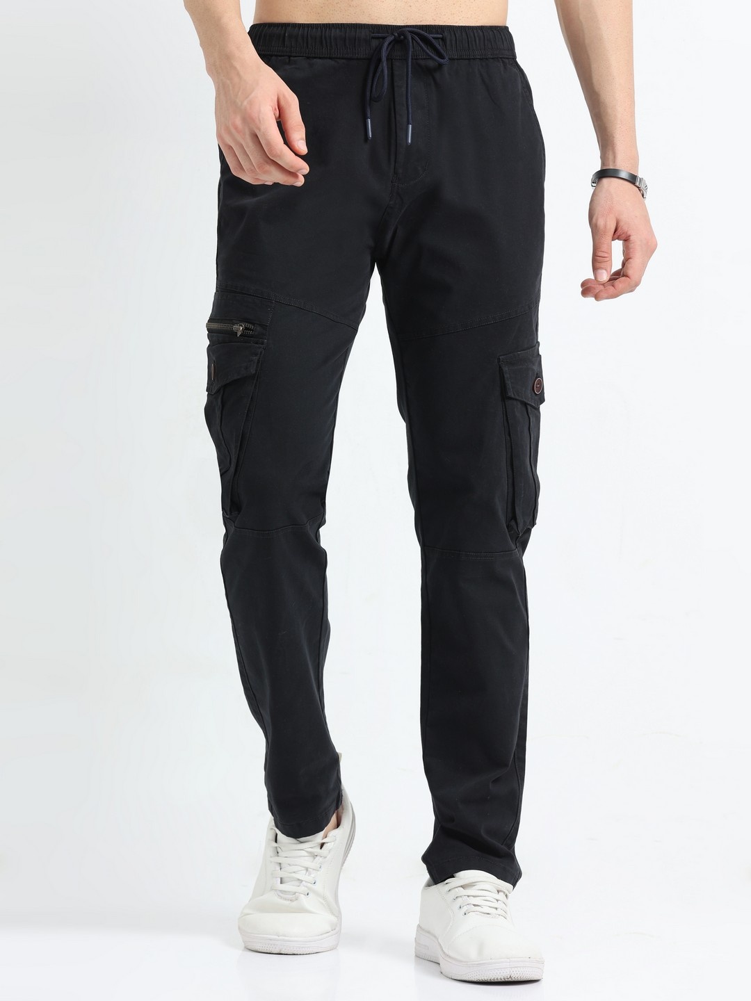 

NEVER NEUD Men Relaxed Zipper Utility Cargos Trousers, Black