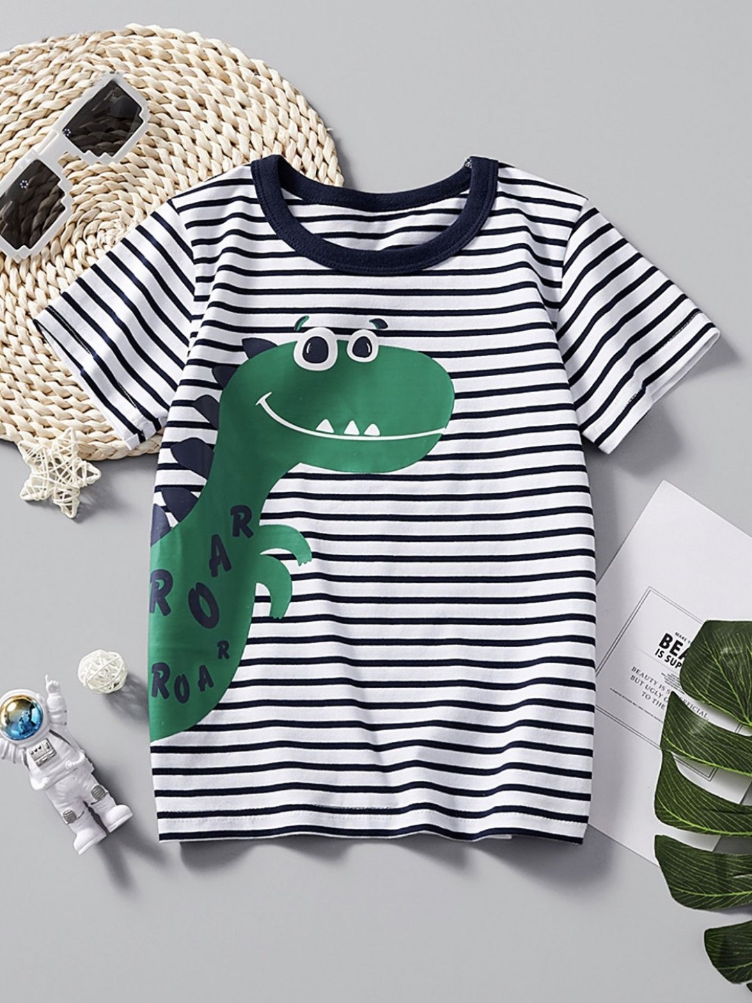 

LULU & SKY Kids Striped Organic Cotton Applique T-shirt, Green