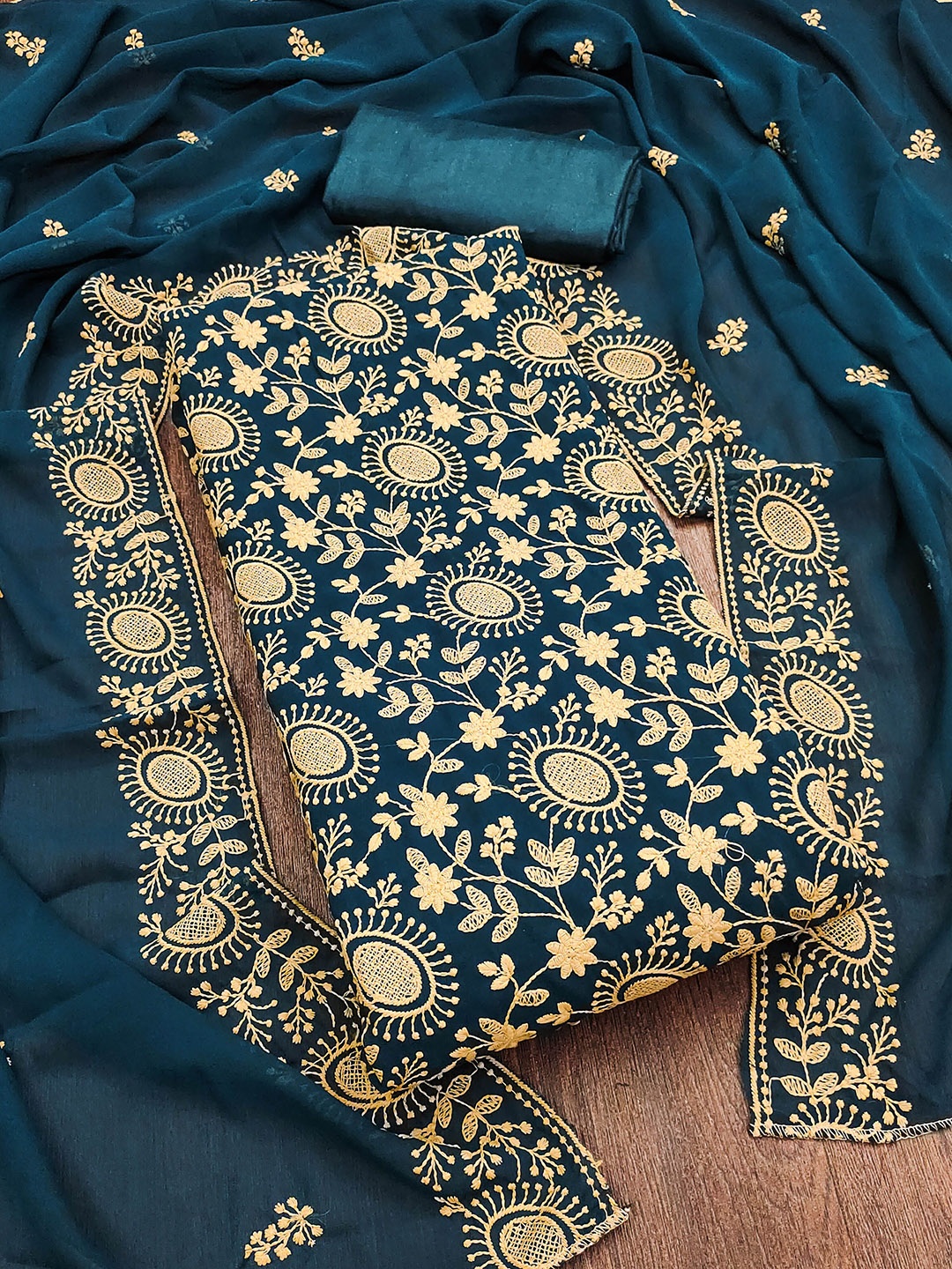 

SHADOW & SAINING Embroidered Silk Georgette Unstitched Dress Material, Teal
