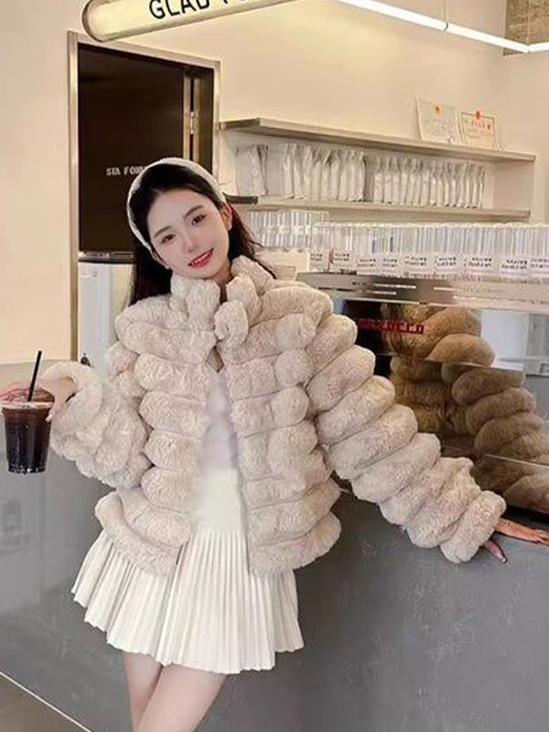 

PANKH Woollen Stand Collar Neck Front Open Fur Overcoat, Beige