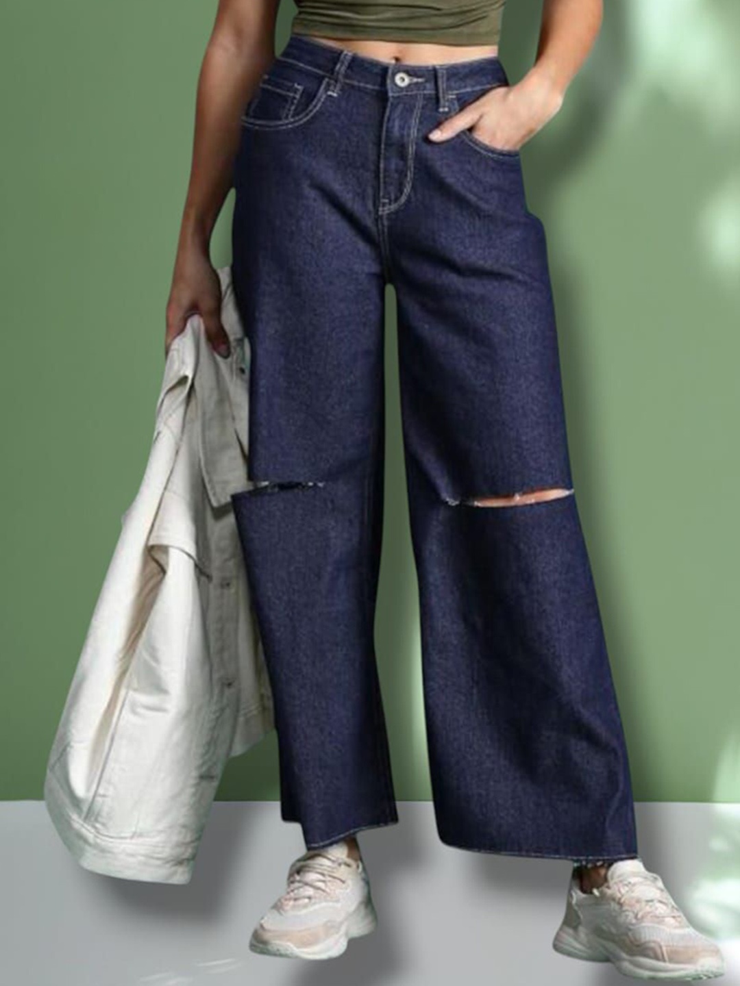 

Perfect Outlet Women Straight Fit High-Rise Slash Knee Jeans, Navy blue
