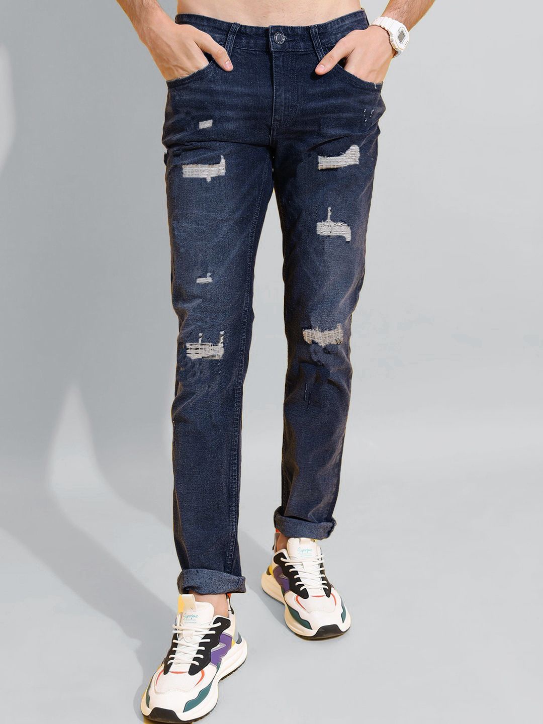 

fineblu Men Skinny Fit Highly Distressed Light Fade Stretchable Jeans, Navy blue