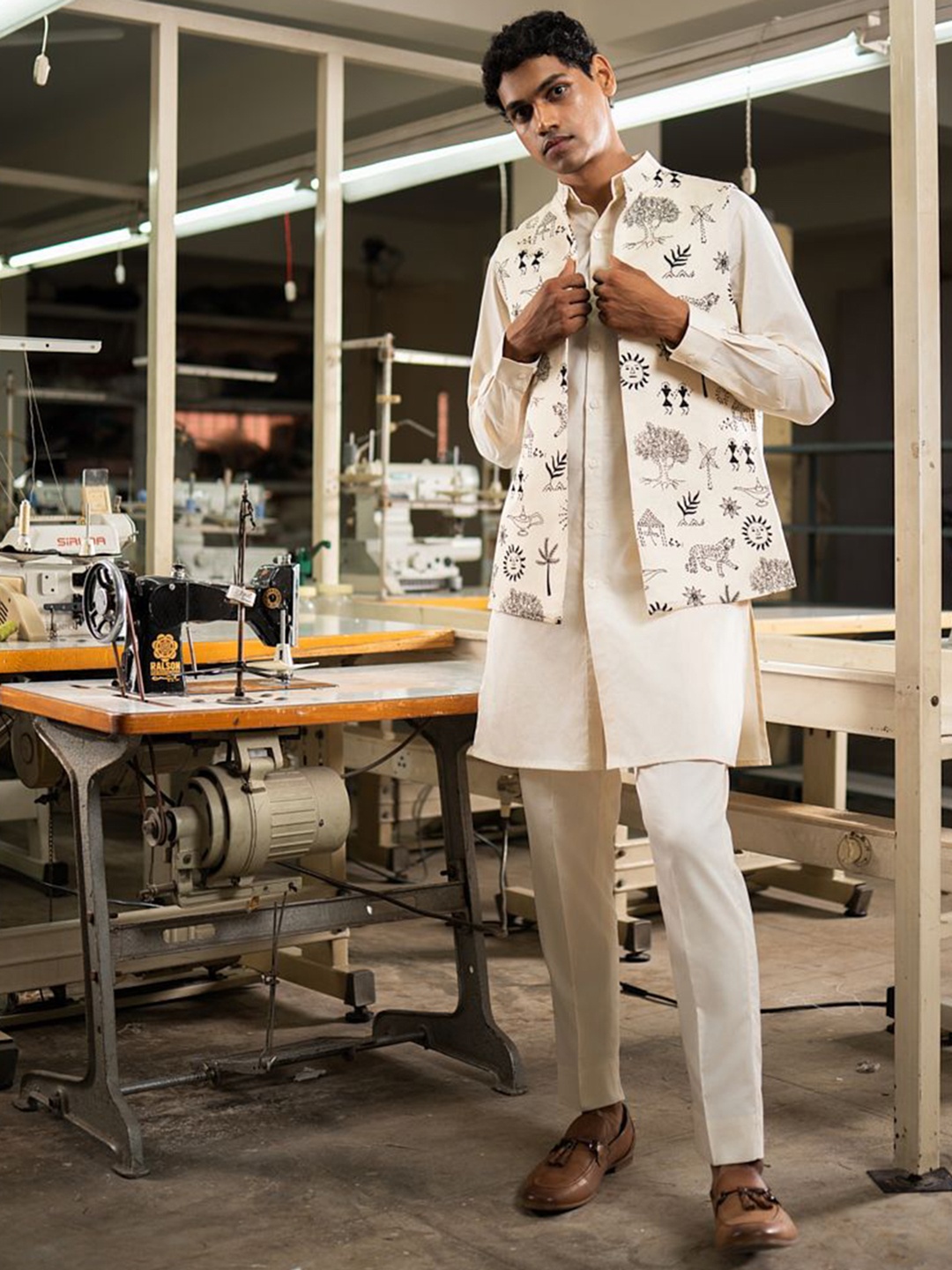 

Project Bandi Printed Satin Nehru Jacket, White
