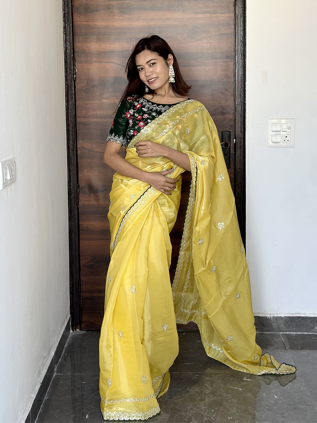 

LeeliPeeri Designer Embellished Embroidered Silk Blend Saree, Yellow