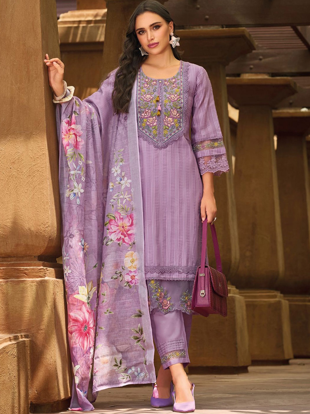 

Indo Era Women Floral Yoke Design Thread Work Linen Kurta with Trousers & With Dupatta, Purple