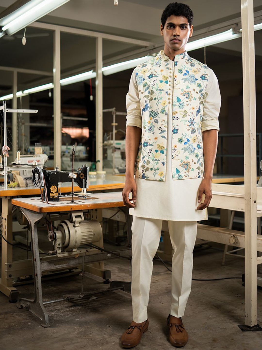 

Project Bandi Floral Printed Satin Nehru Jacket, Off white