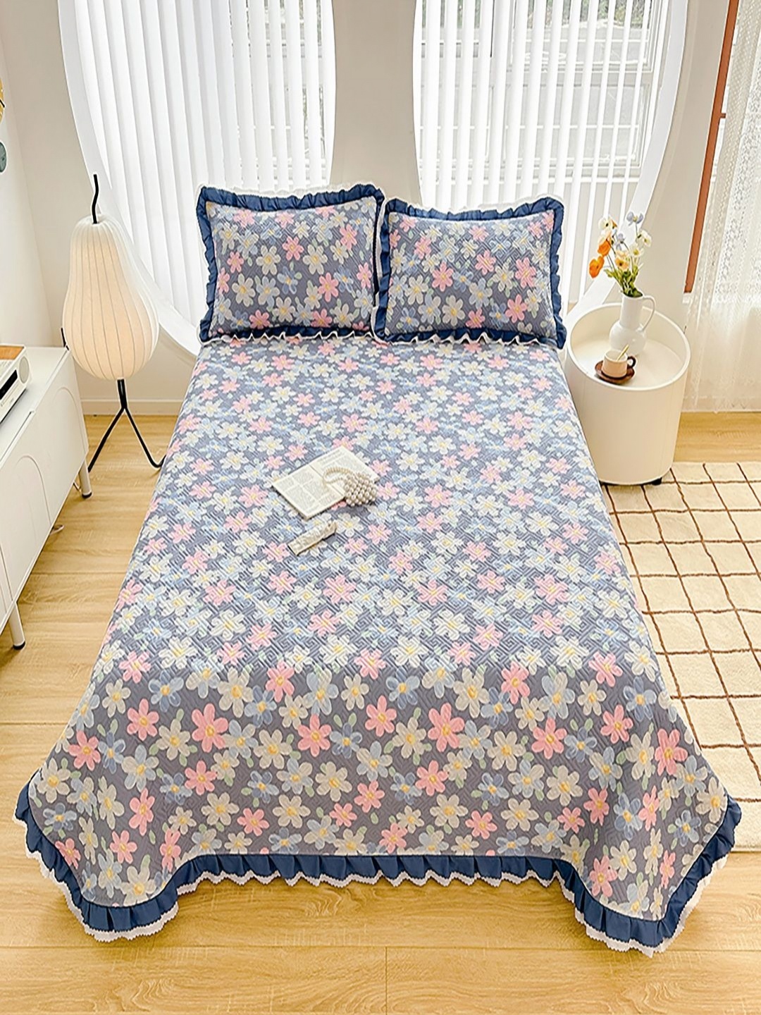 

JC HOME Blue & Pink Printed Cotton Double King Bed & Pillow Cover