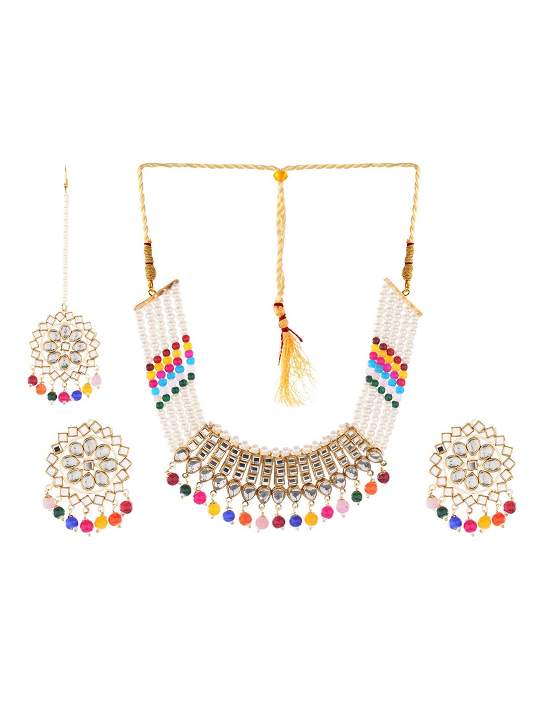 

Zhouse Gold Plated Kundan Stone Studded & Beaded Copper Jewellery Set