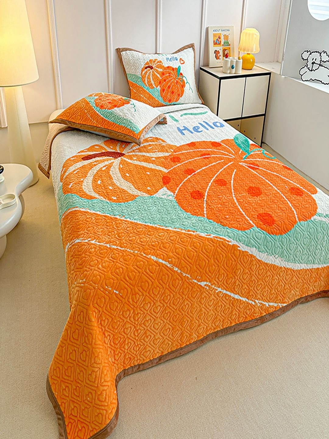 

JC HOME Orange - Colored & White Printed Cotton Double Queen Bed & Pillow Cover