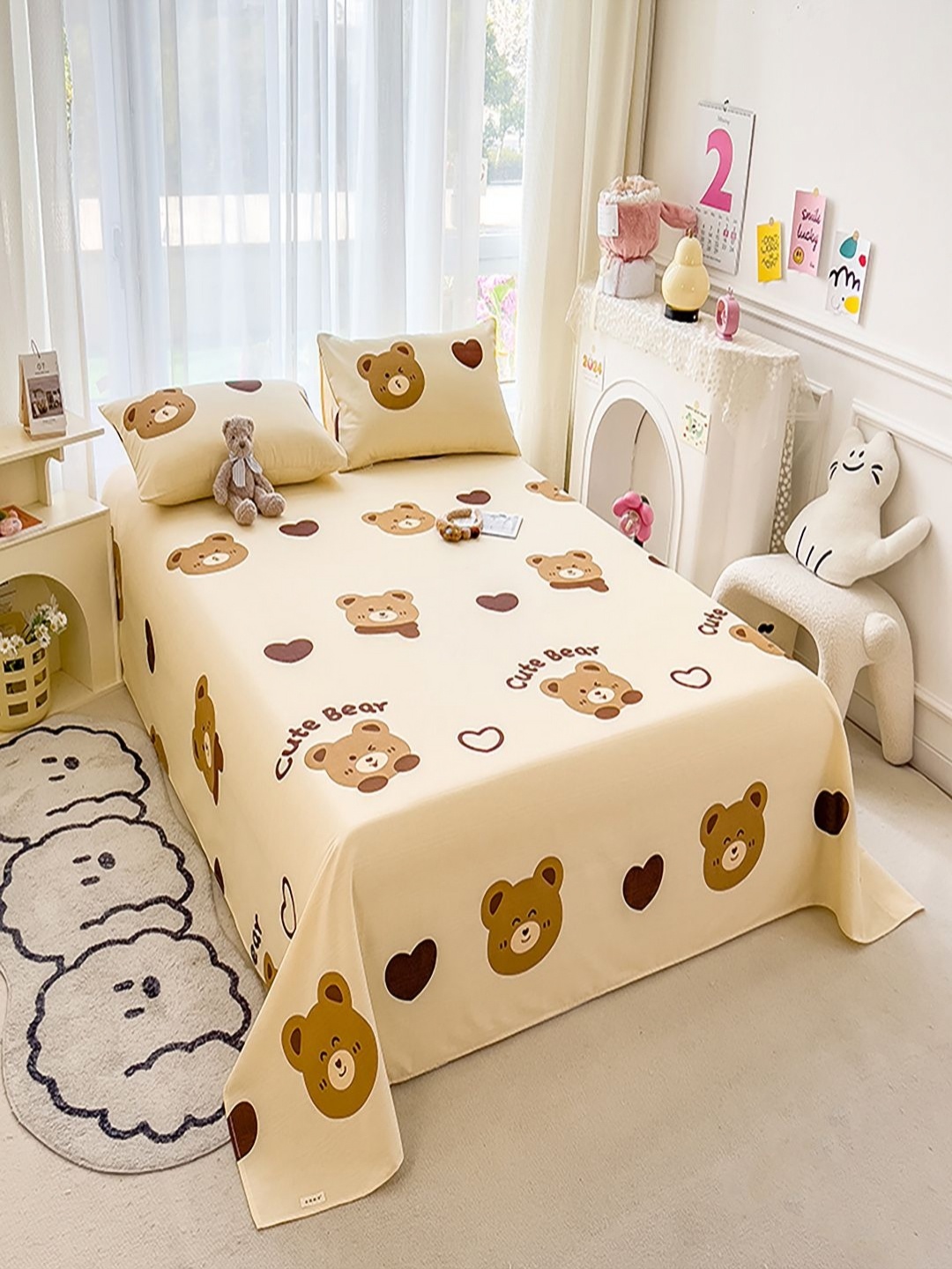 

JC HOME White & Brown Cartoon Characters 140 TC Single Bedsheet with 1 Pillow Covers