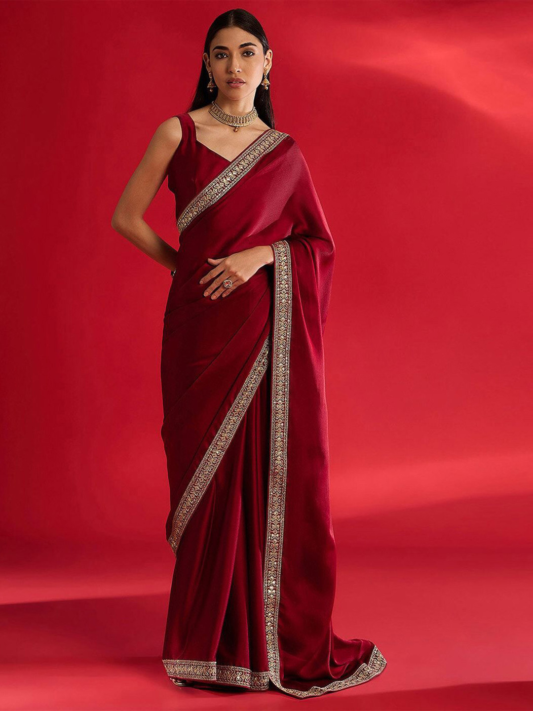 

ROOP SUNDARI SAREES Embellished Sequinned Pure Chiffon Designer Saree, Red