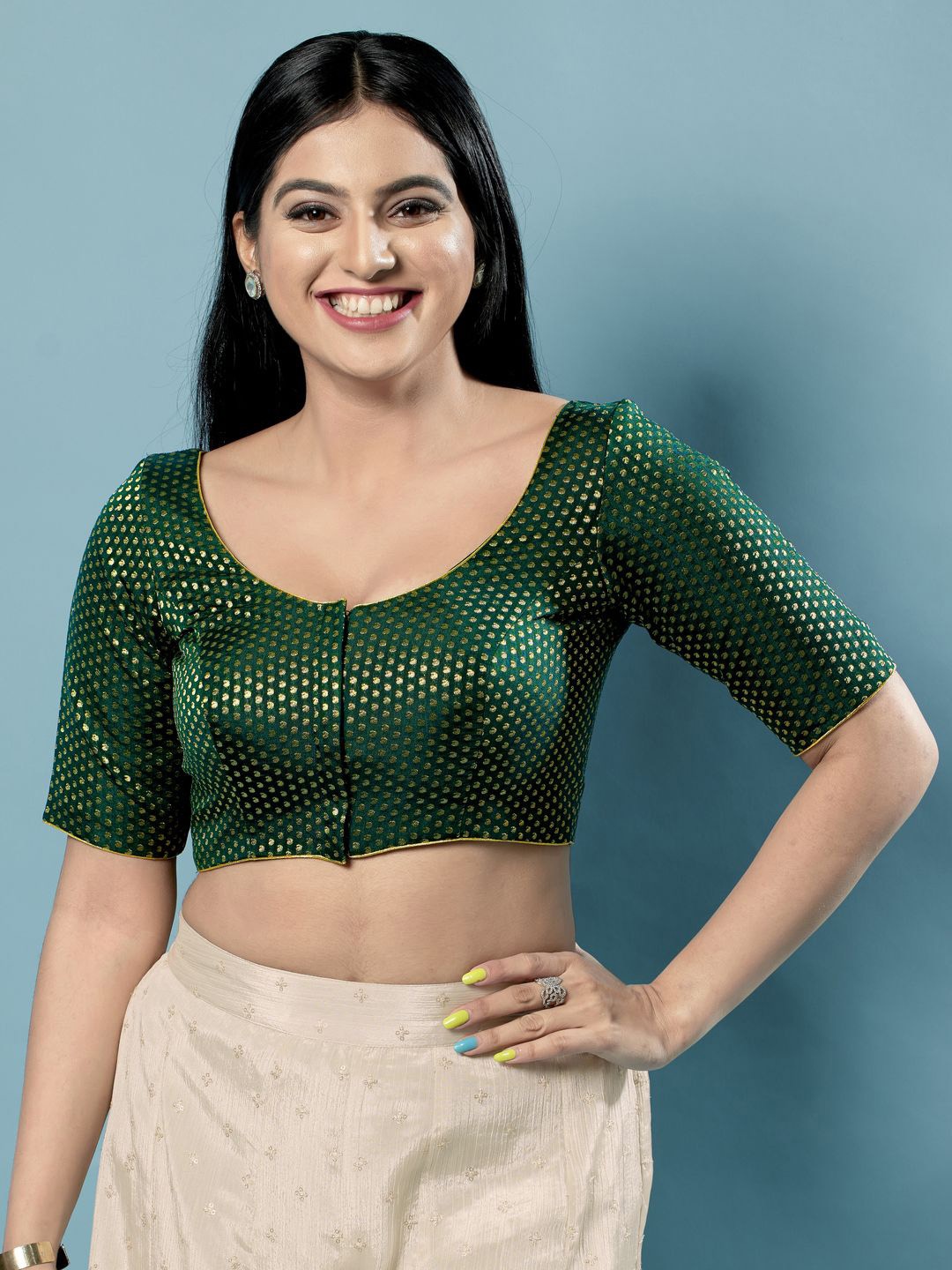 

VAMAS - THE DESIGNER BLOUSES Women Round Neck Padded Saree Blouse, Green