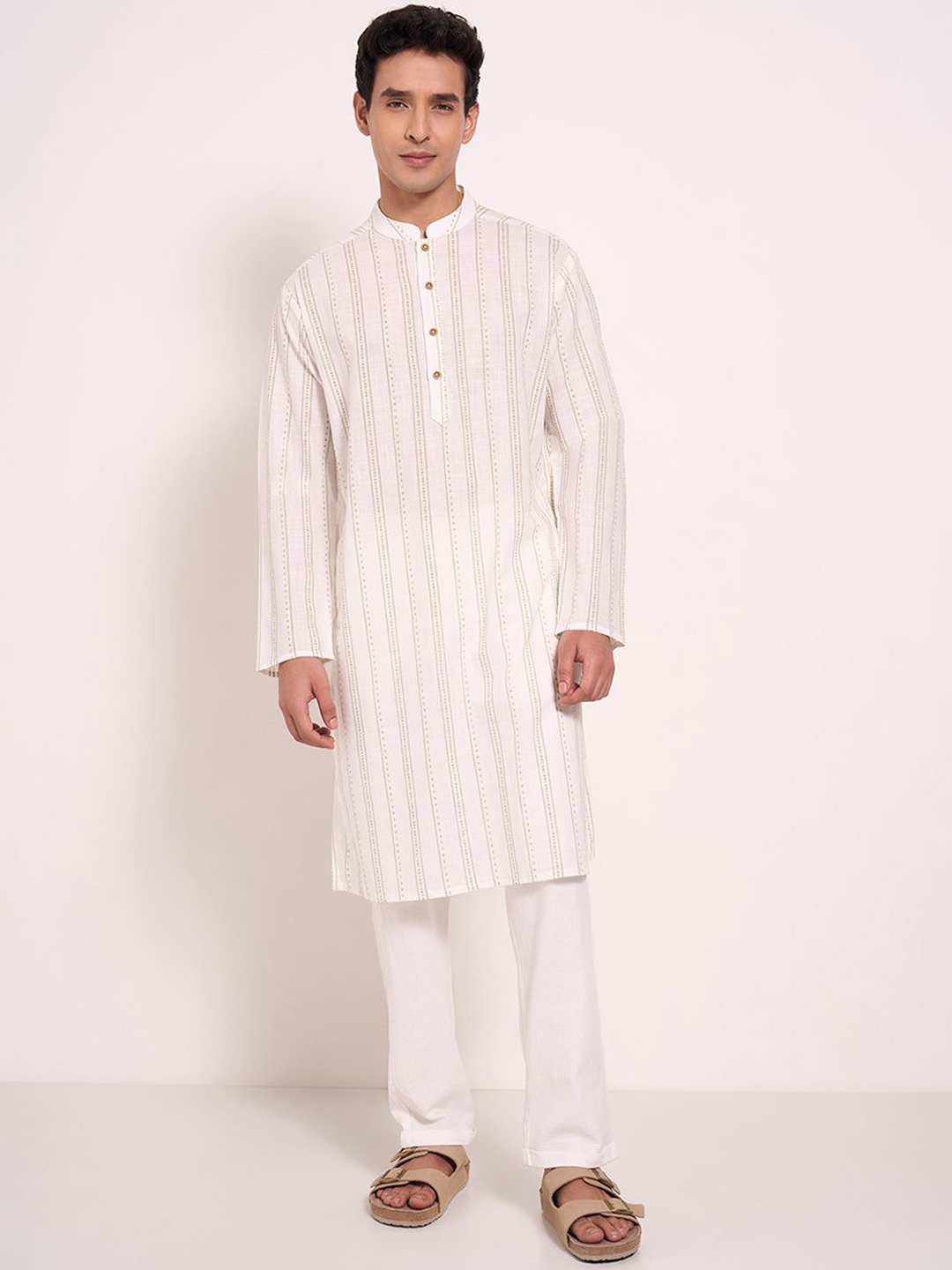 

indus route by Pantaloons Men Striped Thread Work Kurta, White