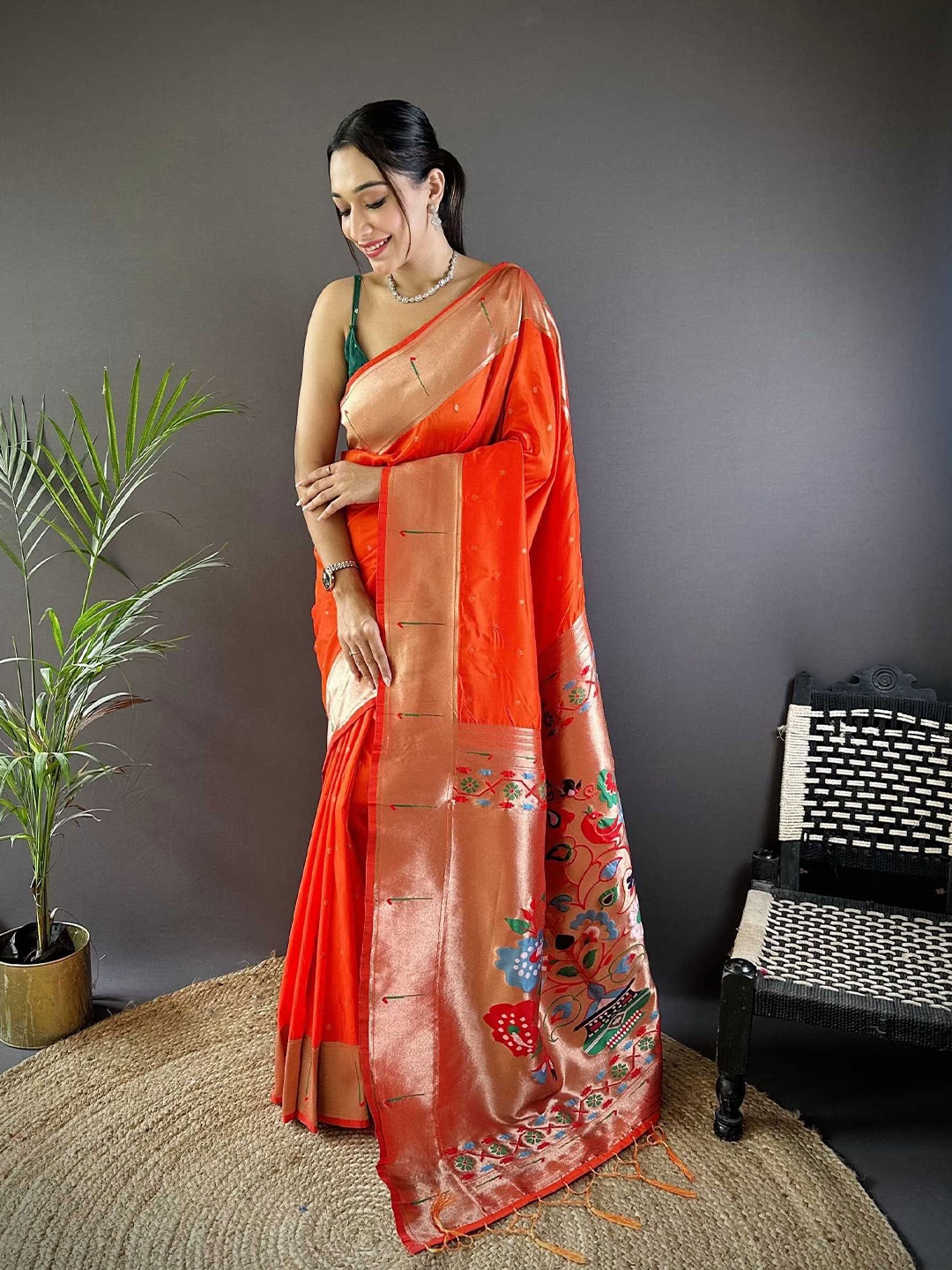 

LeeliPeeri Designer Woven Design Zari Silk Blend Paithani Saree, Orange