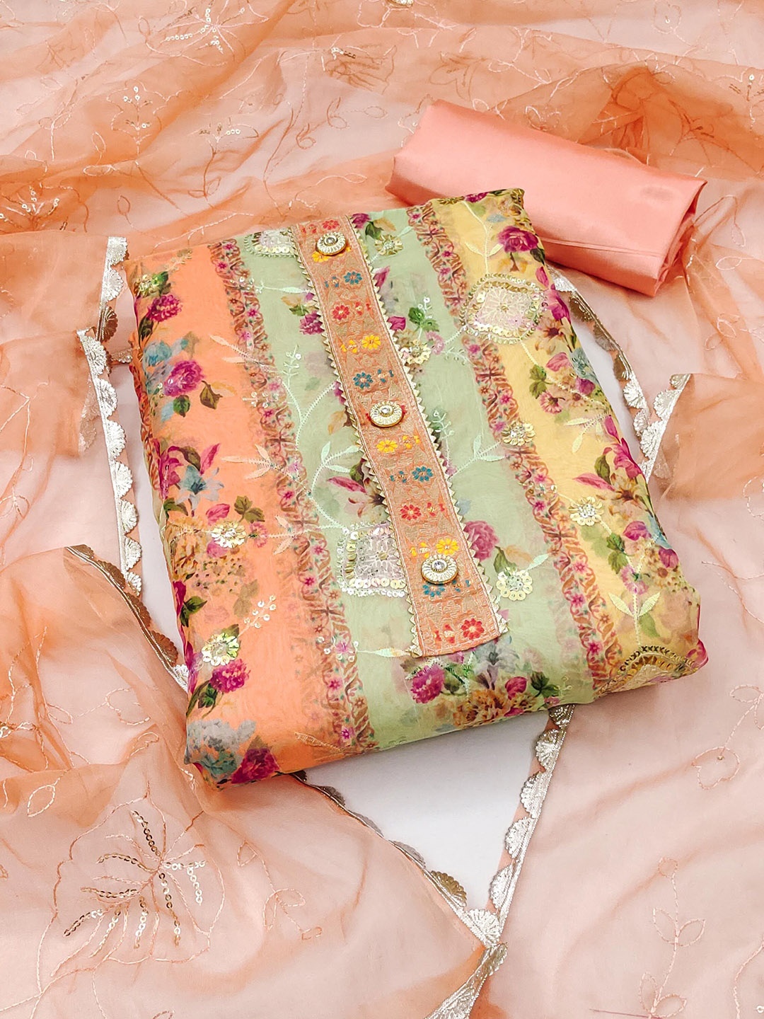 

SHADOW & SAINING Embroidered Organza Semi-Stitched Dress Material, Peach