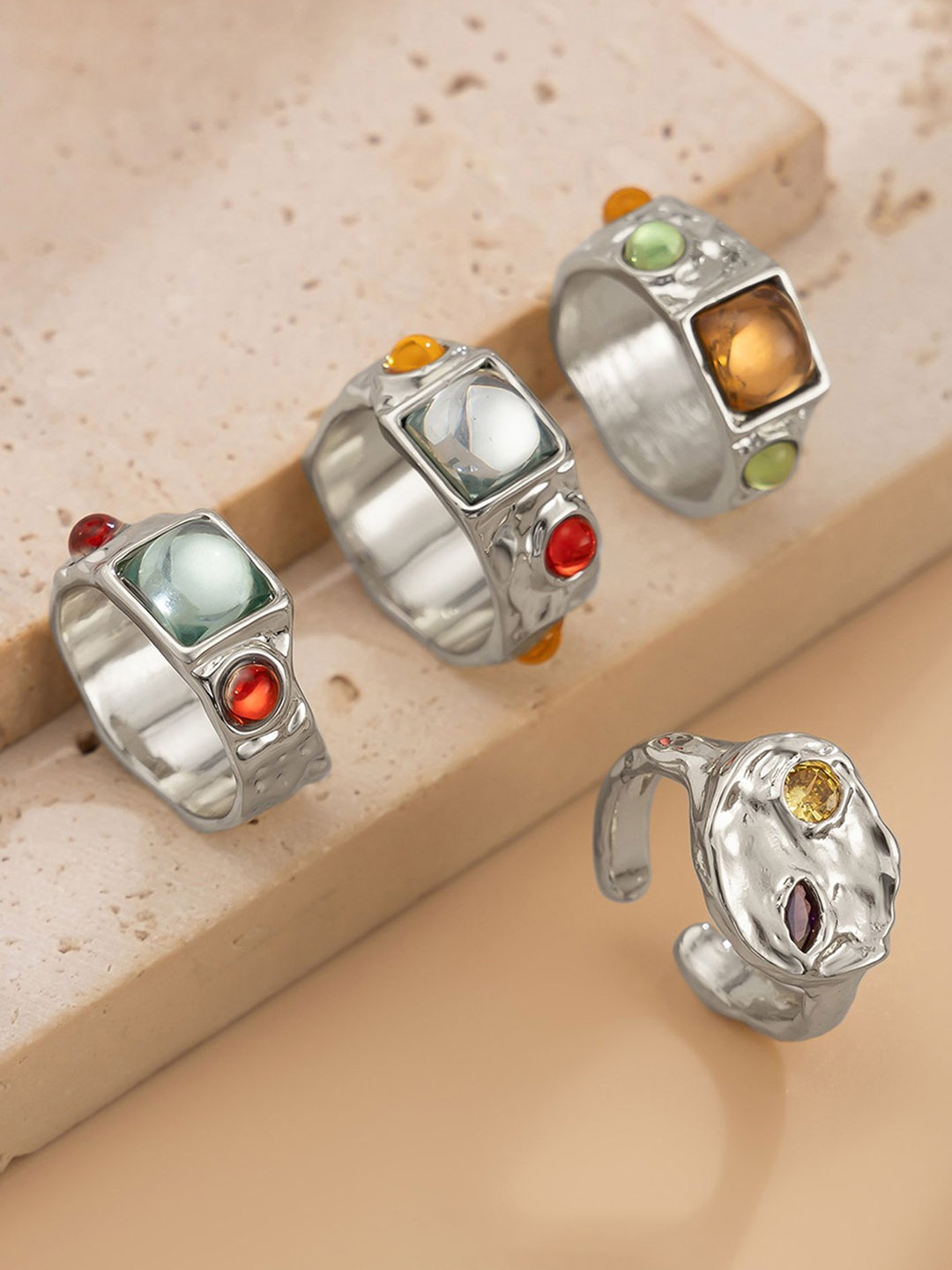 

LULU & SKY Set Of 4 Silver-Plated Stone Studded Finger Rings